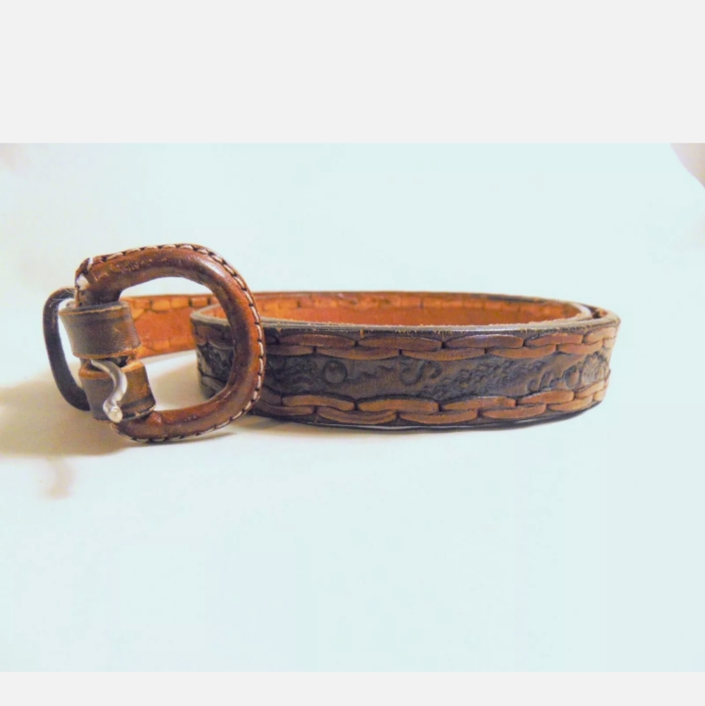 Vintage Tooled Leather Western Belt 36 Brown Mexico Boho Rodeo Cowgirl Southwest
